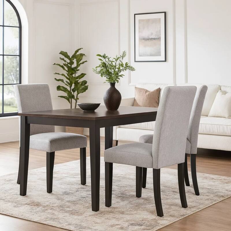 Figu Set of 4 Dining Chair, Brown-Gray Fabric Seating, Black Wood Legs