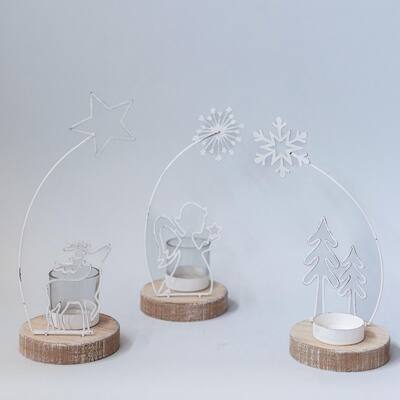 Set Of 3 Angel With Starburst Wand, Trees And Snowflake And Deer With Star Tealight Candle Holder