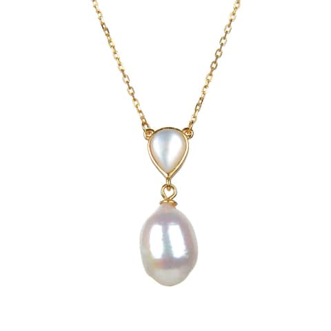 Gold Over Sterling Silver Cultured Pearl,Mother Of Pearl Pendant 18" Chain + 2 Extender