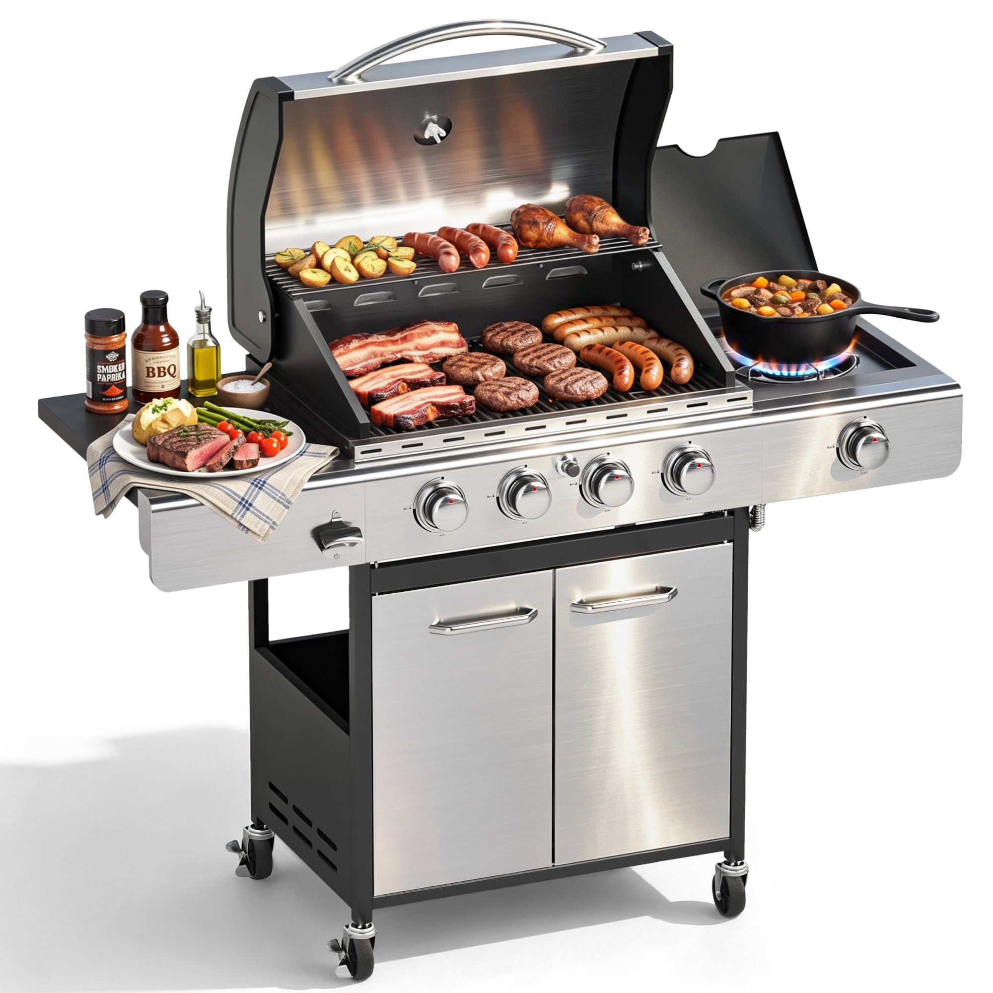 MAISON ARTS 4-Burner Propane Gas Grill with Side Burner & Porcelain Cast Iron Grates, 42,000 BTU Stainless Steel