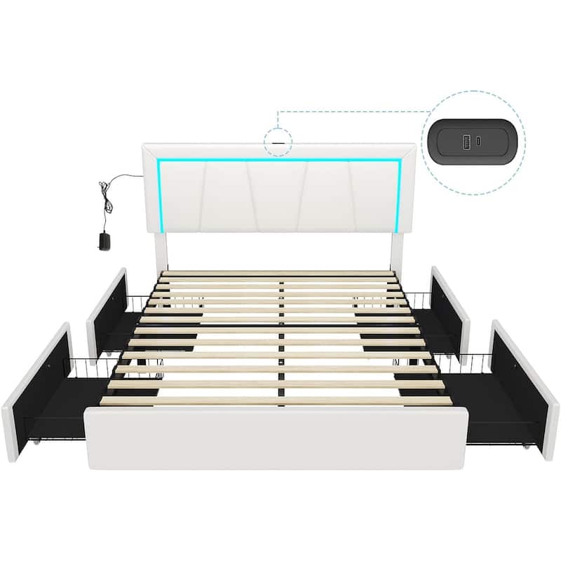 Bed Frame with 4 Storage Drawers1 USB /Type-C Charging Station