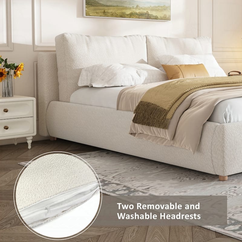 Boucle Fabric Upholstered Platform Bed with Two Removable Pillow Headboard