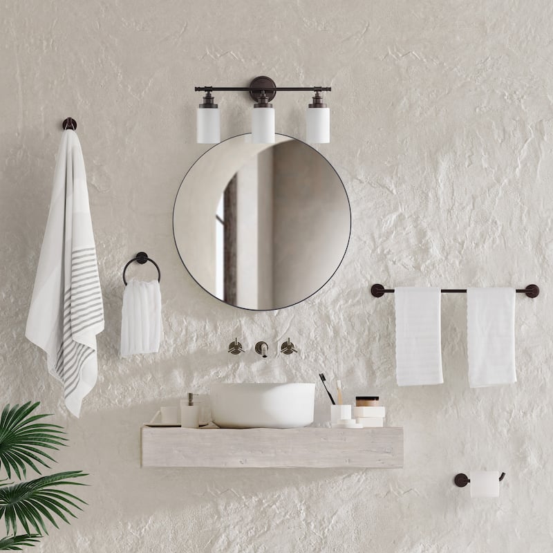 Hugo 23.25" 3-Light Classic Vanity Light with Frosted Glass Shades and Bathroom Hardware Accessory Set, (5-Piece) by JONATHAN Y
