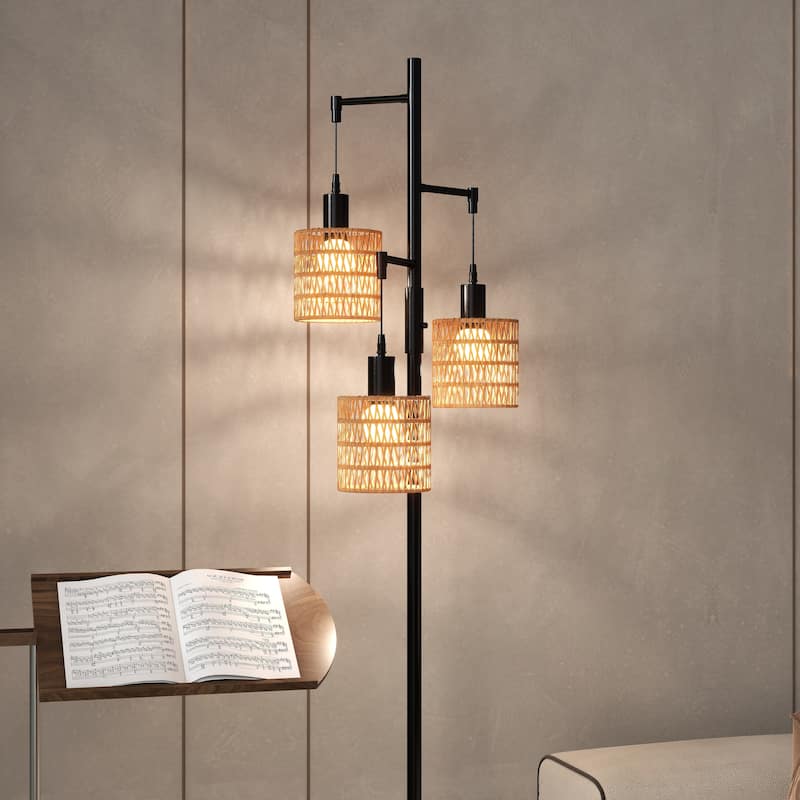 3 Light Rattan Standing Tall Lamp Vintage Floor Lamps
