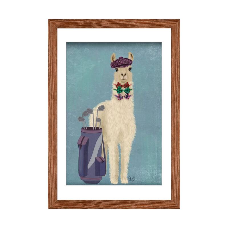 iCanvas "Llama Golfing" by Fab Funky - Walnut - 24x16x1