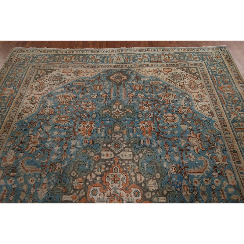 Blue Distressed Tabriz Vintage Persian Rug Hand-Knotted Wool Carpet - 8'1" x 11'2"