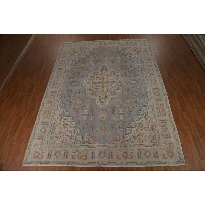 Gray Geometric Tabriz Persian Area Rug Handmade Wool Carpet - 9'8"x 13'1"