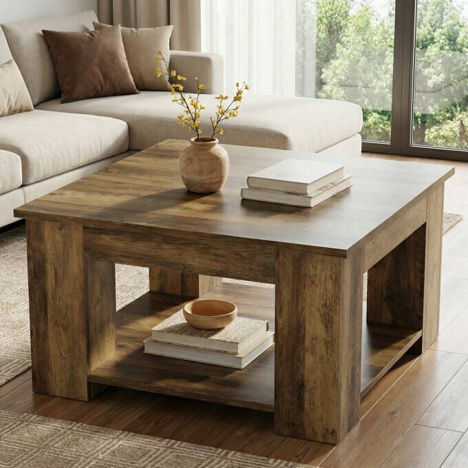31.5" Wooden Square Coffee Table, 2-Tier Center Table with Storage