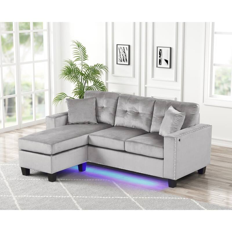Sorenza 74"W Gray Velvet Reversible Sectional Sofa Chaise with LED Light, USB Port, Nailhead Trim, Throw Pillows, Tufted Cushion