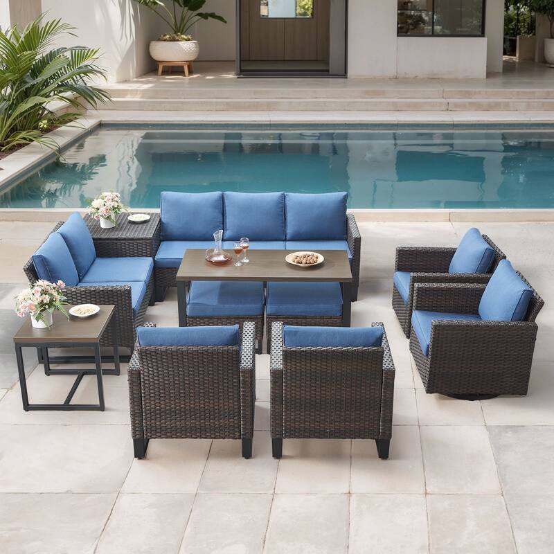 Gymojoy 9-11 Person Outdoor Courtyard Wicker Family Party Conversation Set Group With Swivel Chairs And 52" Table - Brown Wicker / Blue Cusion - 11-Piece