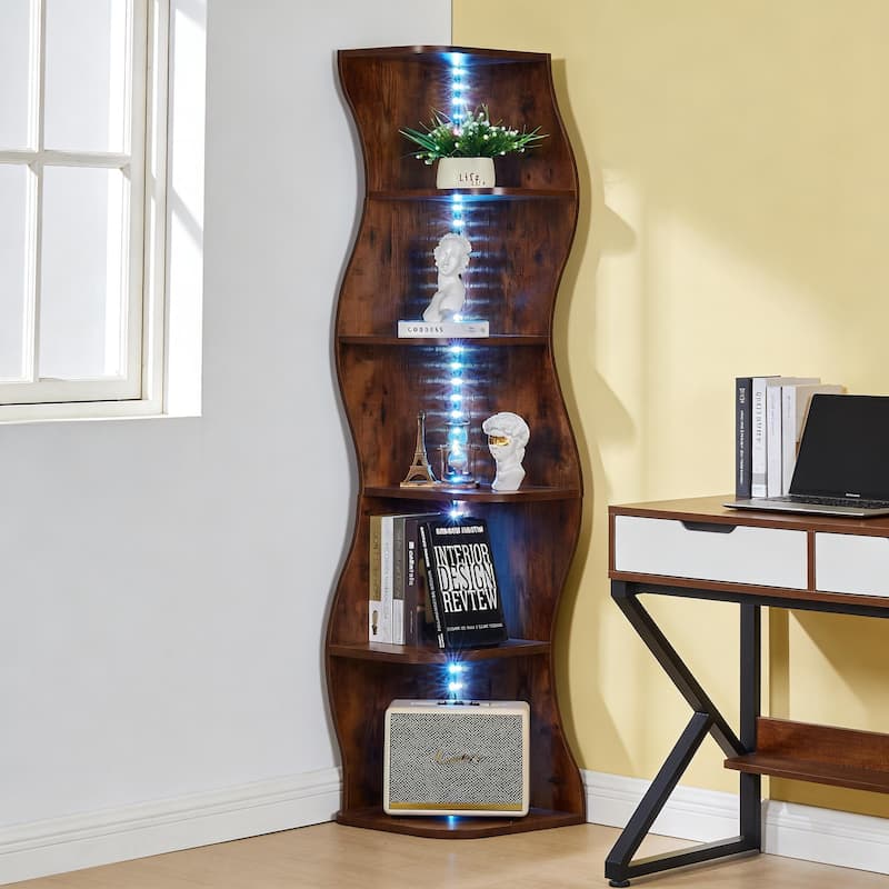 Javlergo 5-Tier Corner Bookshelf with LED Light Strip Seagrass Wave Design Tall Corner Bookcase with Lights for Living Room - Brown
