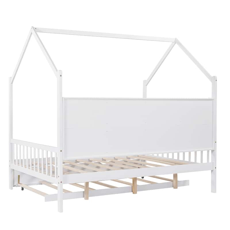 Full Pine Kids House Platform Bed with Trundle, Shelf, and Roof