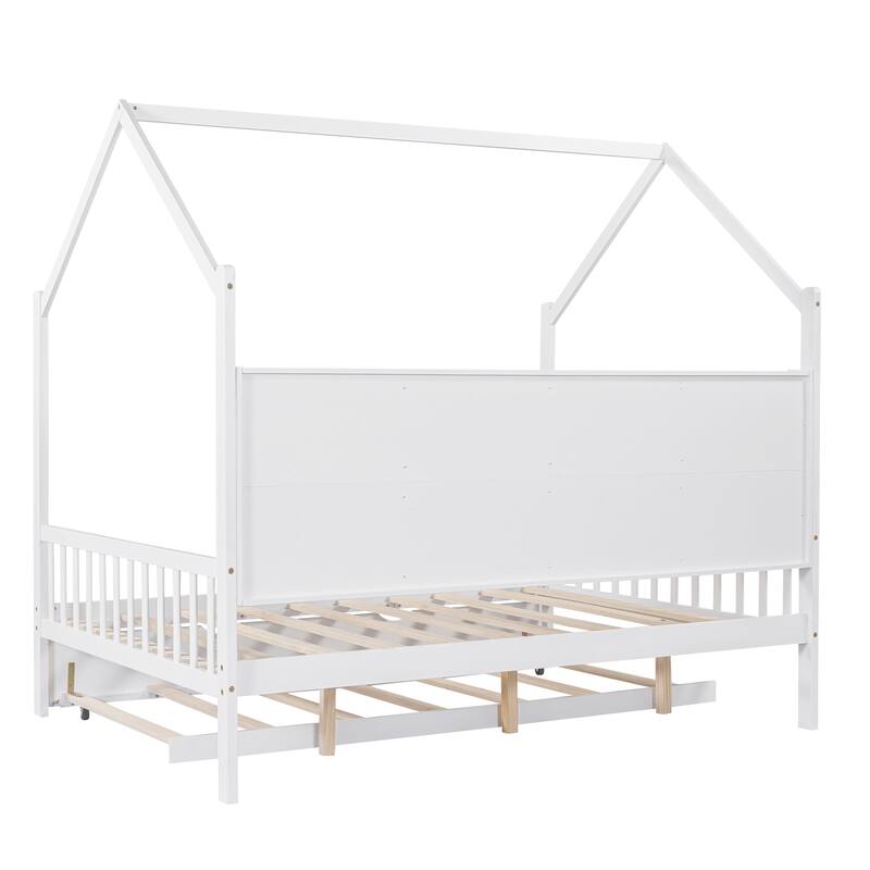 Full Size Wooden House Bed with Trundle and Shelf for Kids, White