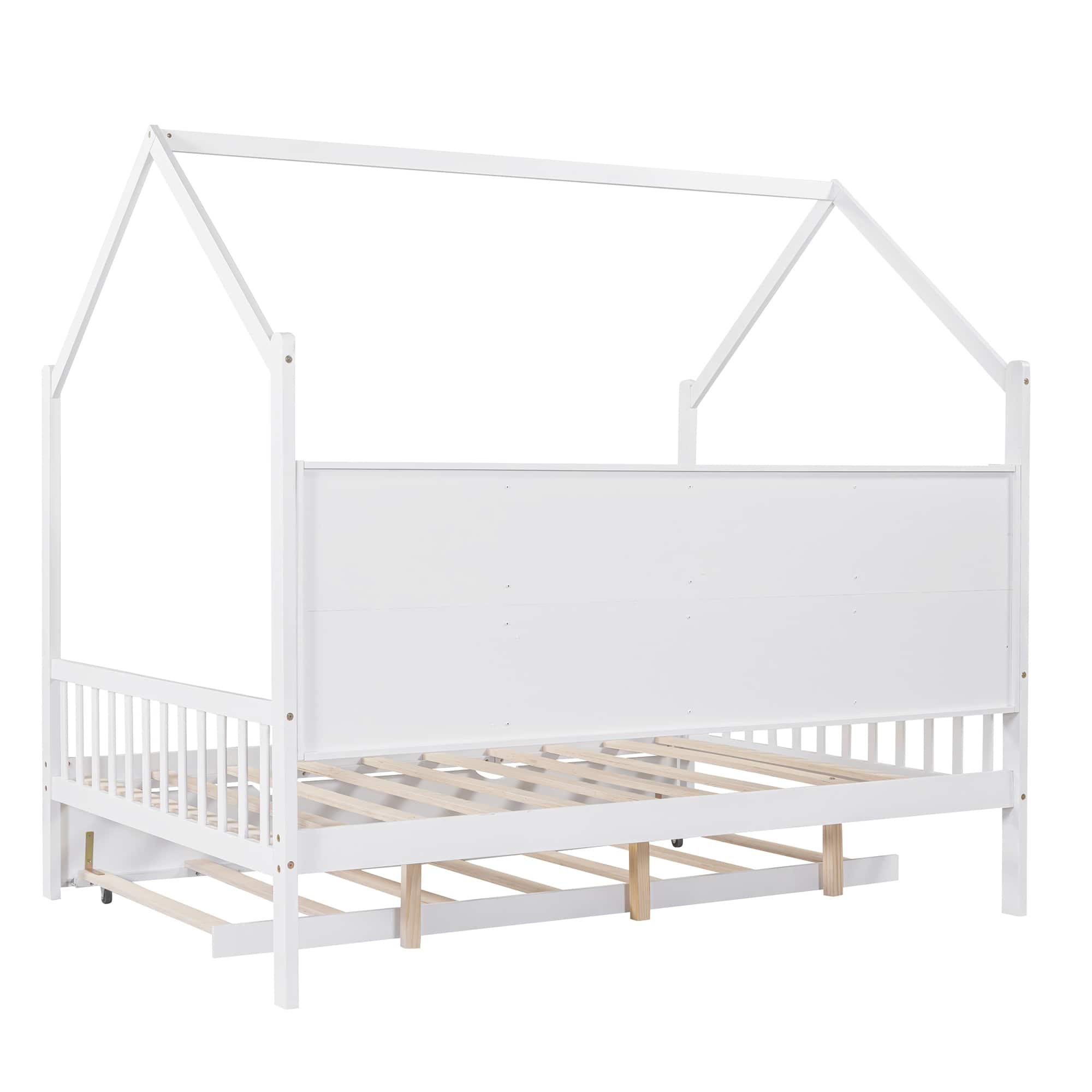 Wooden Full Size House Bed Pull-out Bed with Trundle, Kids Bed with ...
