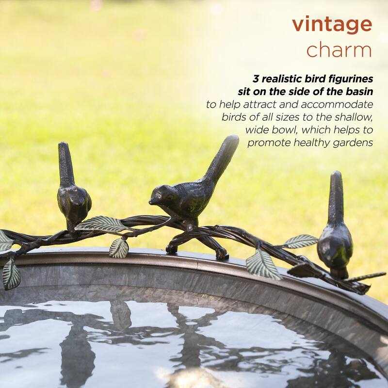 Alpine Corporation 35" Tall Outdoor Antique Style Galvanized Metal Birdbath Bowl with Bird Figurines