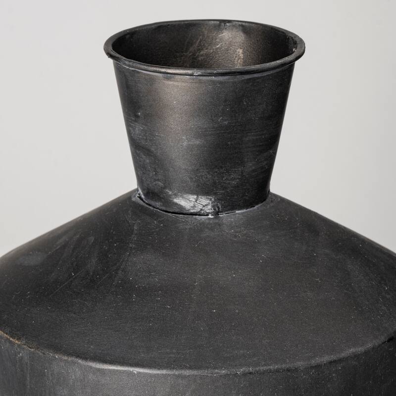 Black and Brown Metal Wood Urn Vases Set of 2 Cylindrical Distressed Finish