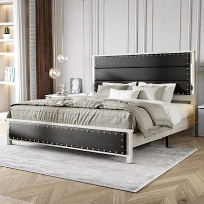 Modern luxury style upholstered bed frame with LED lighted headboard, charging port and nailhead trim for bedroom
