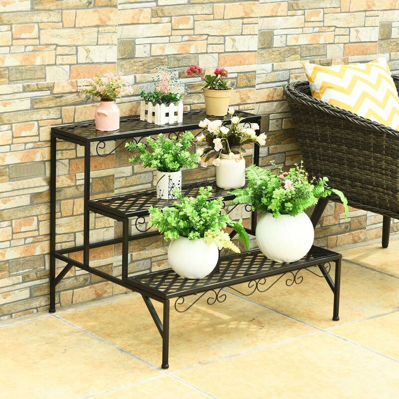3 Tier Metal Plant Stand Ladder Design Indoor Outdoor Use - 27.5" x 24" x 24" (L x W x H)