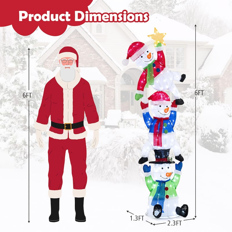 Gymax 6 ft 3D Pre-Lit Christmas Stacked Snowman w/ 155 LED Lights Zip - Multi - See Details