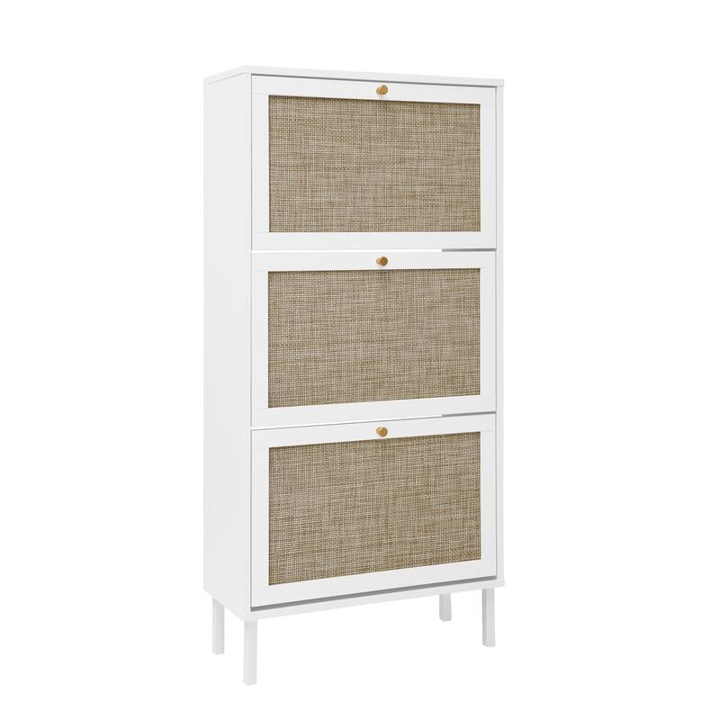 Shoe Storage Cabinet with 3 Flip Drawers, Freestanding 3-Tier Shoe Rack, Slim Shoe Organizer with Half Round Woven Rattan Doors