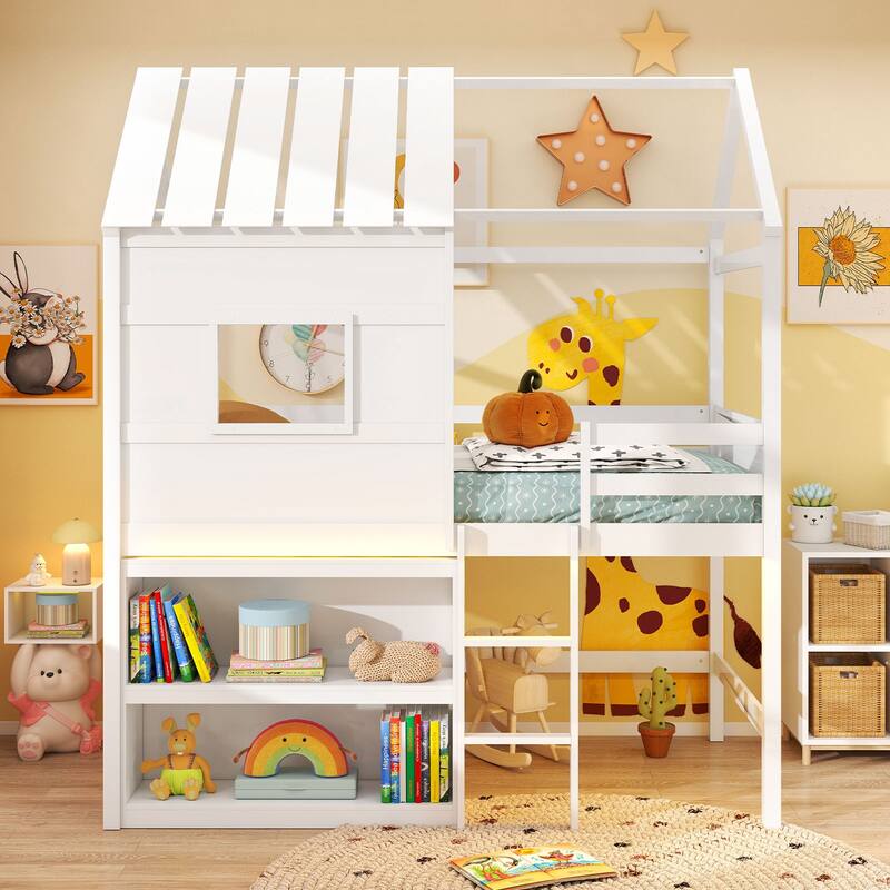 White Twin Size Loft Bed with LED Light House Design Bookshelf and Under Bed Play Space Pine Wood Frame for Kids
