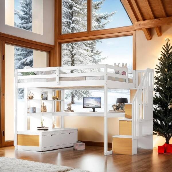 slide 2 of 27, Full Size Loft Bed with Desk and Shelves, White & Natural Natural