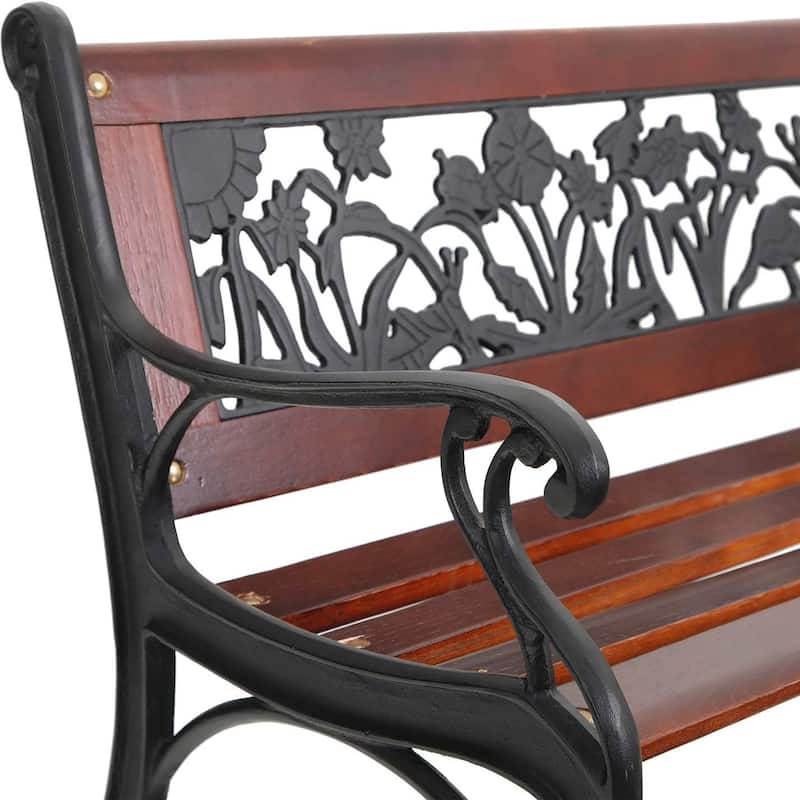 MAISON ARTS Outdoor Garden Bench for Children, 33'' L Metal Bench with Wood Seating & Floral Pattern Back