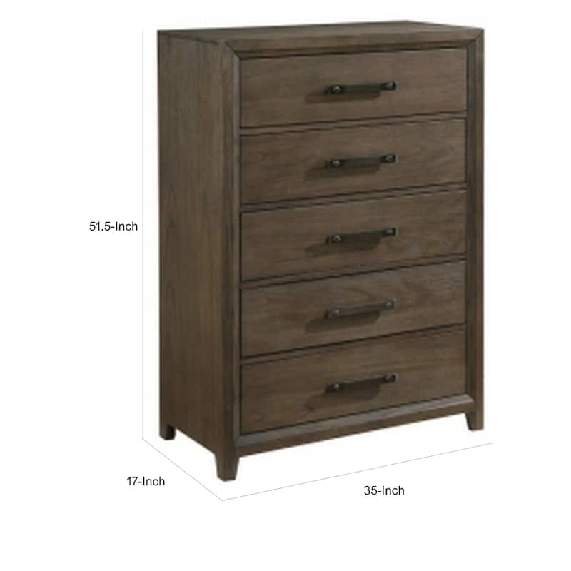 Wyn 52 Inch Tall Dresser Chest, 5 Drawers, Nickel Handles, Walnut Brown