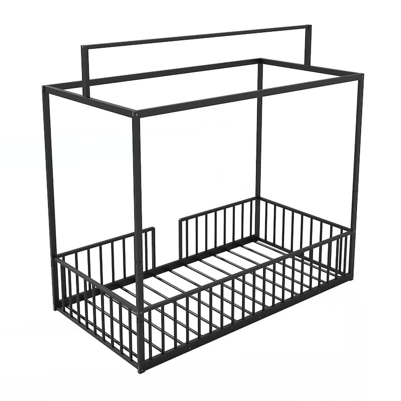 3-in-1 Convertible Montessori Metal floor bed,Fenced toddler bed with Sturdy Metal Slats Support