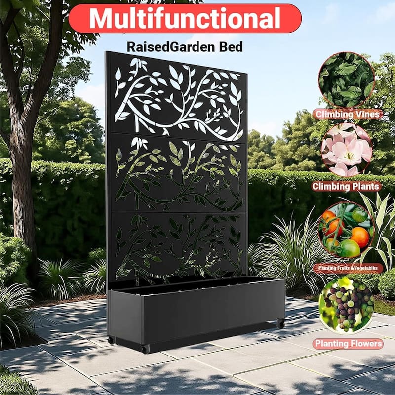 Outdoor Garden Fence, Privacy Screen Planter Box for Vining Plants & Veggies, Leaf Style With Wheels