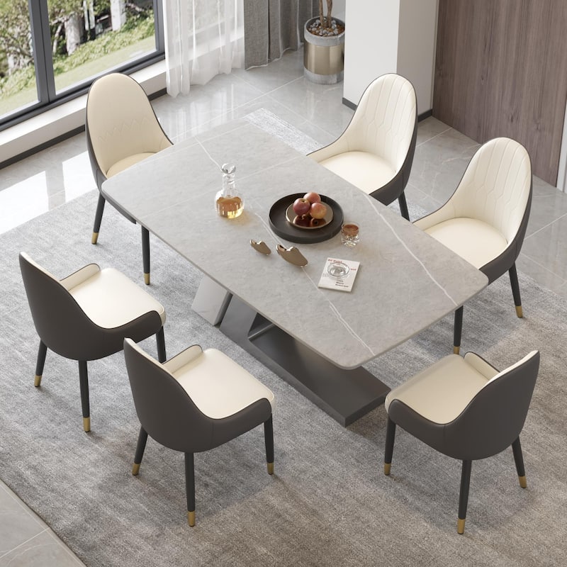Slate Dining Table Faux Marble Table with Z shape Stainless Steel Pedestal - 70.87" - Grey