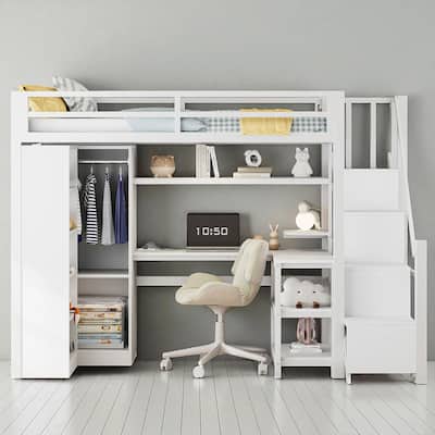 Metal Twin/Full Loft Bed with Desk, USB Ports, Wardrobe, 5-Layer Shelf, Stepped Stairs
