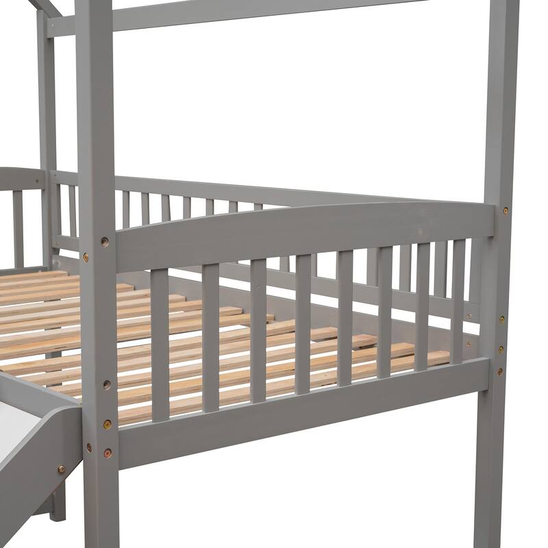Space-Saving Twin Loft Bed with Slide, Gray - No Box Spring Needed