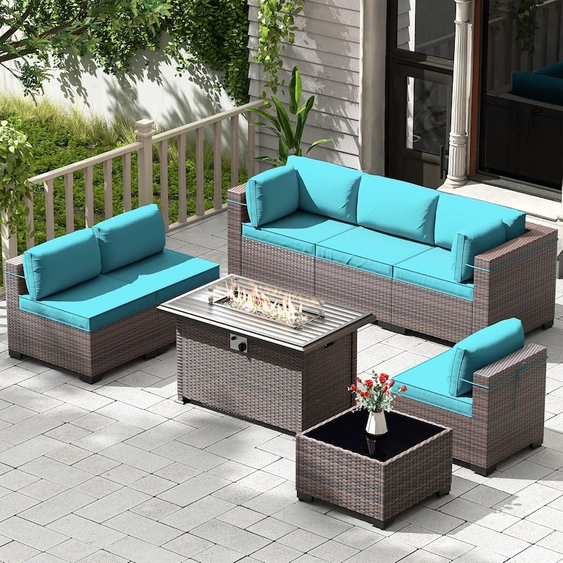 8 Pieces Outdoor Patio Furniture Set, All Weather PE Wicker Sectional Conversion Sofa set w/ Firepit Table