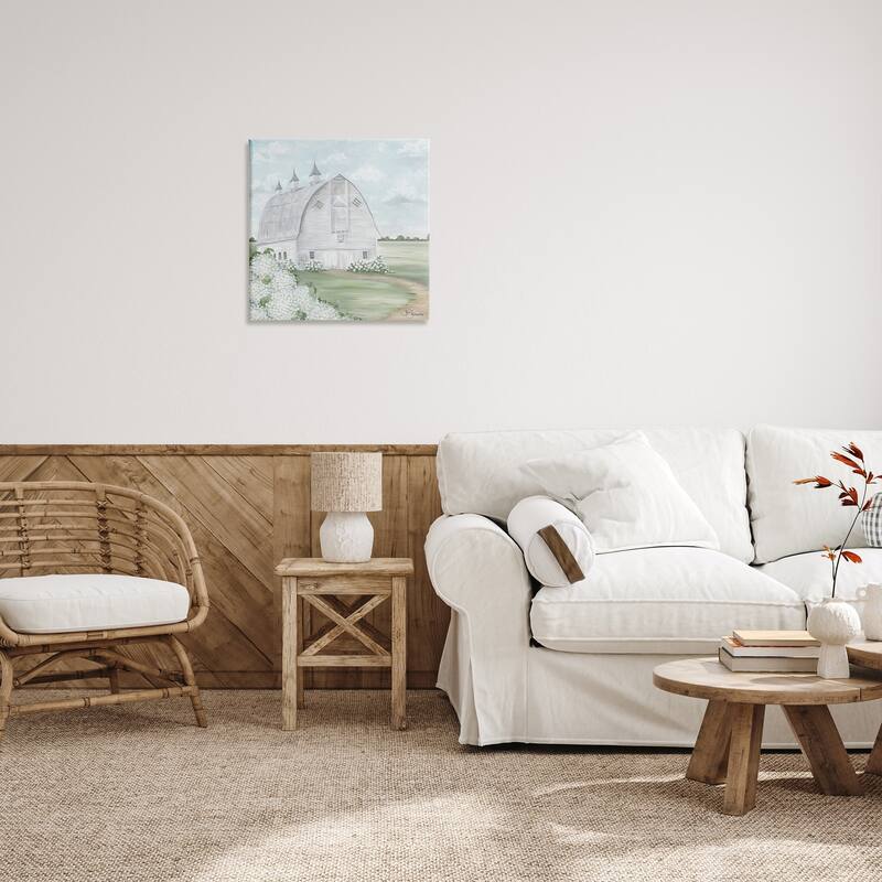 Stupell Soft Country Landscape White Barn and Hydrangeas Canvas Wall Art