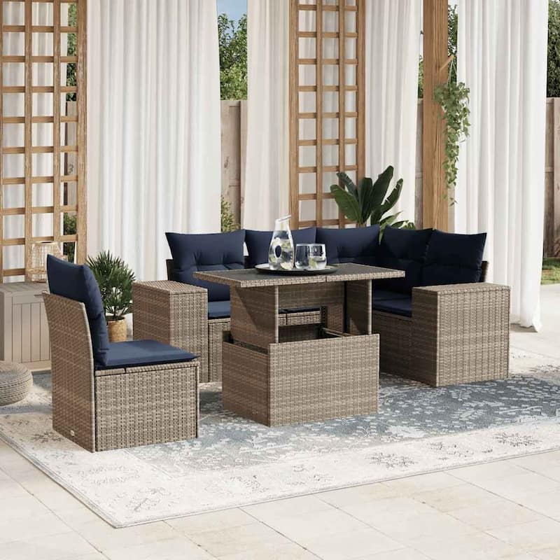 vidaXL Patio Sofa Set with Cushions Table and Couches 6 Piece Poly Rattan - 24.4" x 24.4" x 27.2" - Gray