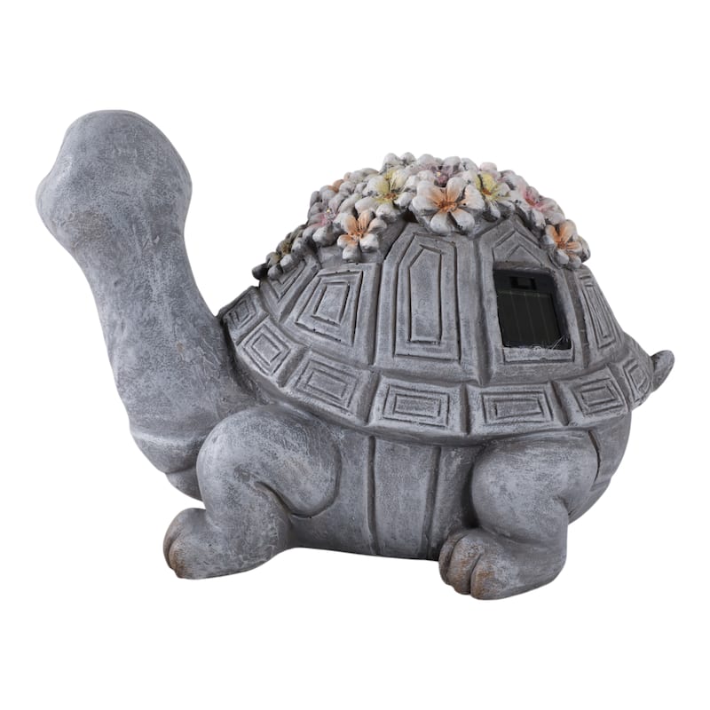 Magnesia Solar LED Turtle Garden Statue with Flowers - 9" Gray