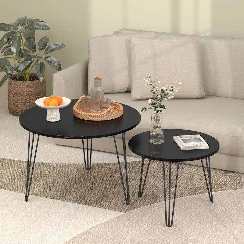 Anmytek Set of 2 Nesting Round Coffee Tables with Marble Effect Top & Hairpin Legs, Black Industrial Modern Side Tables