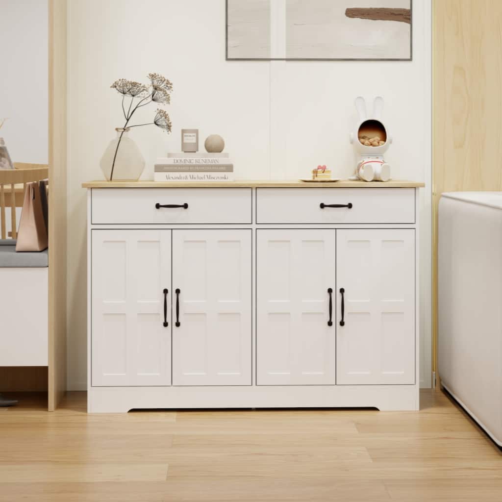 47.95" Farmhouse Buffet Cabinet Storage Sideboard with 2 Drawers and 4 Doors for Dining Living Room Kitchen Cupboard-White