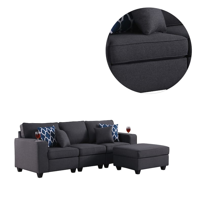 Linen Upholstered Sofa with Ottoman in Dark Gray