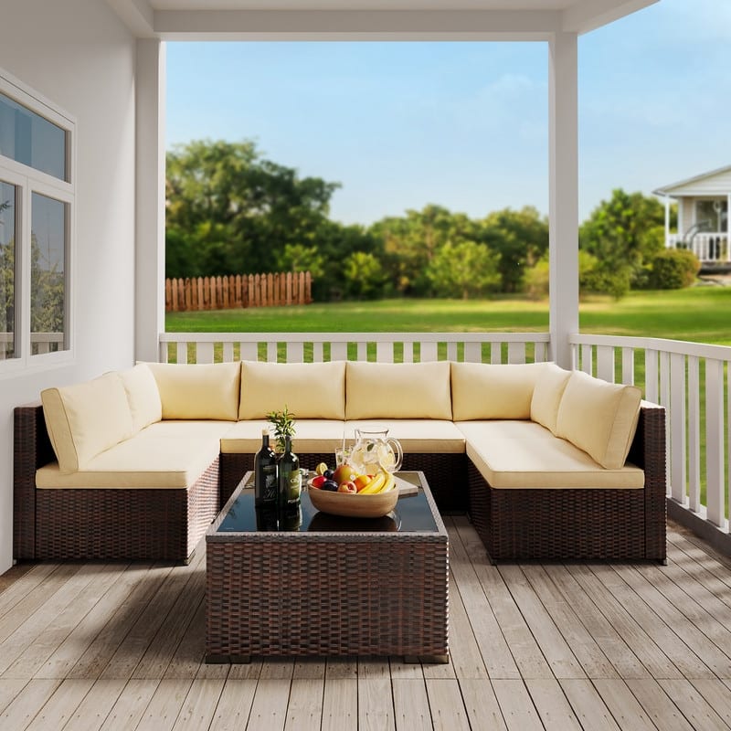 7-Pieces Outdoor PE Garden Furniture Wicker Rattan Patio Furniture Wicker Sectional Conversion Set