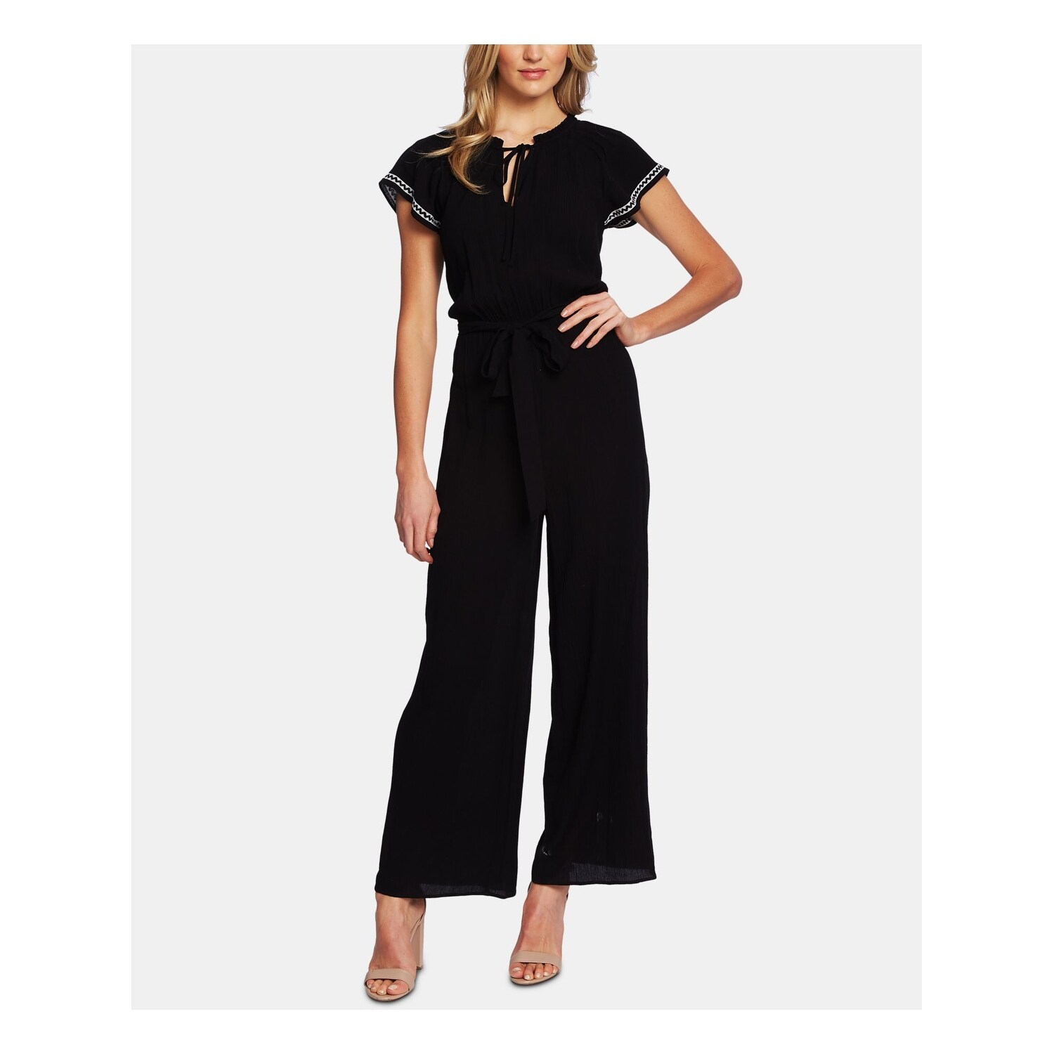 Tie neck short sleeve black jumpsuit