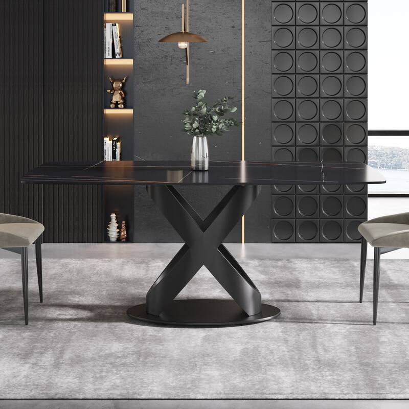 71" Rectangular Dining Table,Sintered Stone Tabletop Carbon Steel Legs