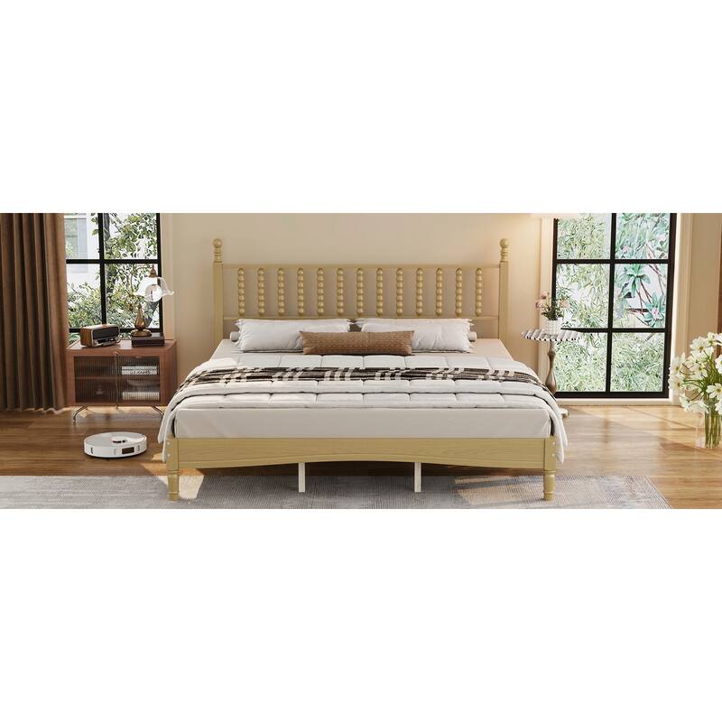 King Size Wood Platform Bed with Gourd Shaped Headboard,Retro Style Platform Bed with Wooden Slat Support, Natural