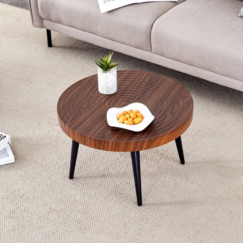 Roomfitters 23.6" Round Coffee Table with Natural Wood Grain Texture and Black Metal Legs