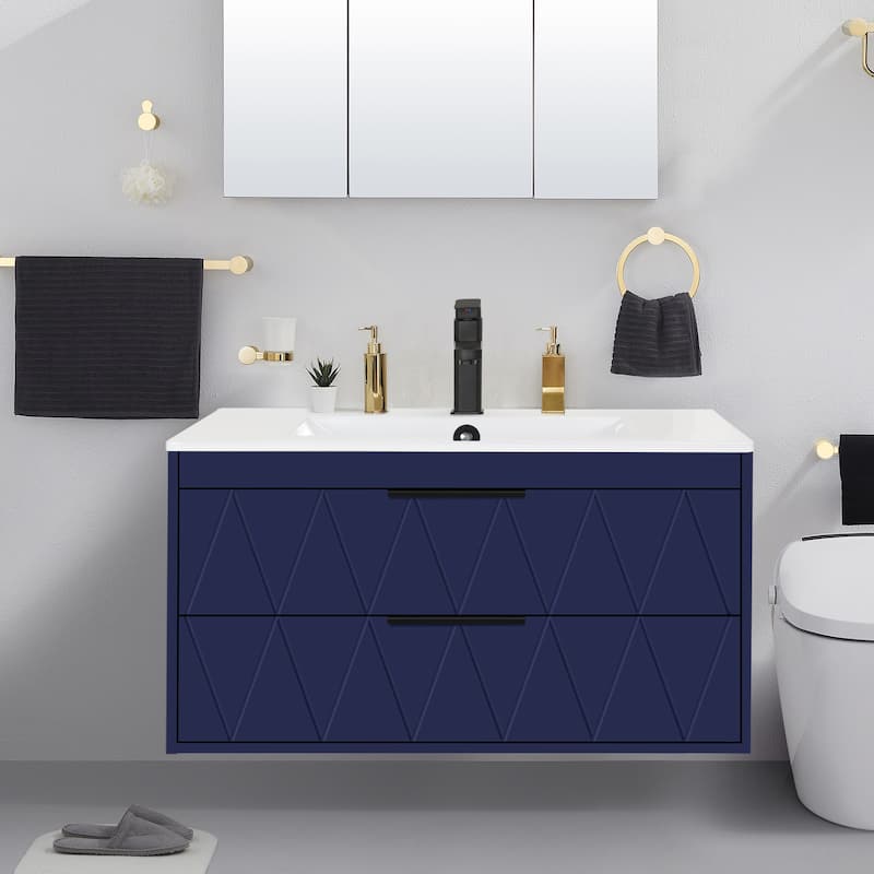 Modern Wall-Mount Vanity with Vessel Sink Sleek Bathroom Storage - 36" - 36"-Blue