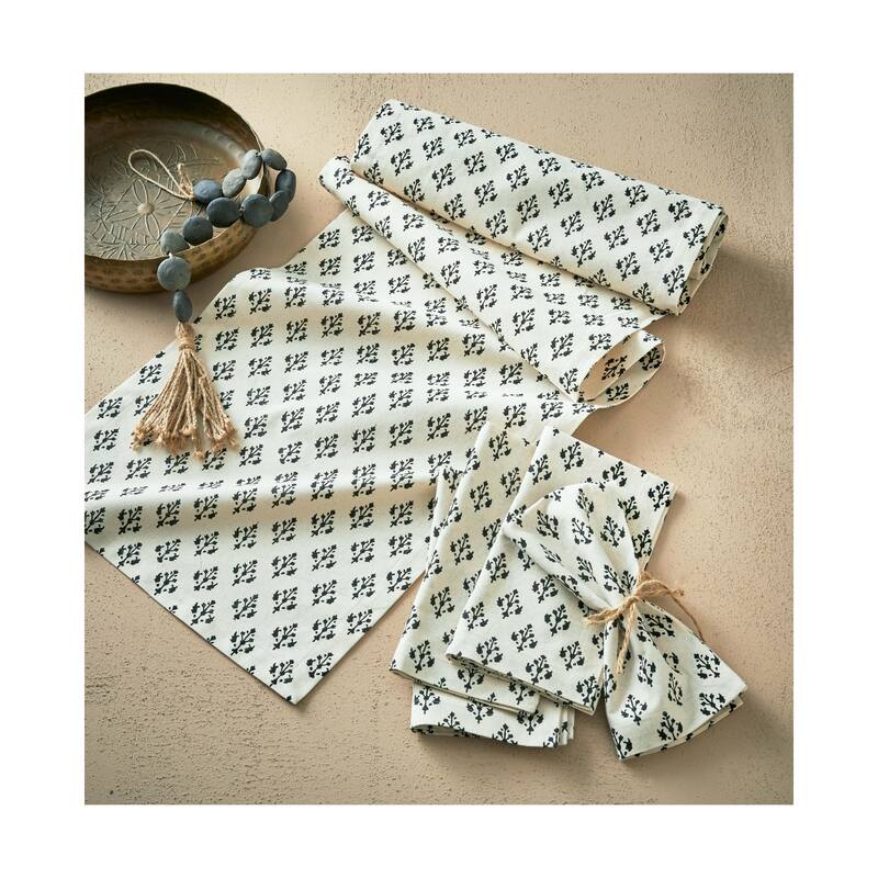 Emma Black Blockprint on Beige Cream Background Cotton Machine Washable Napkin Set of 4 - 20 x 20