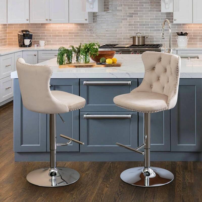 Velvet Upholstered Nailheads Tufted Swivel Bar Stools (Set of 2)