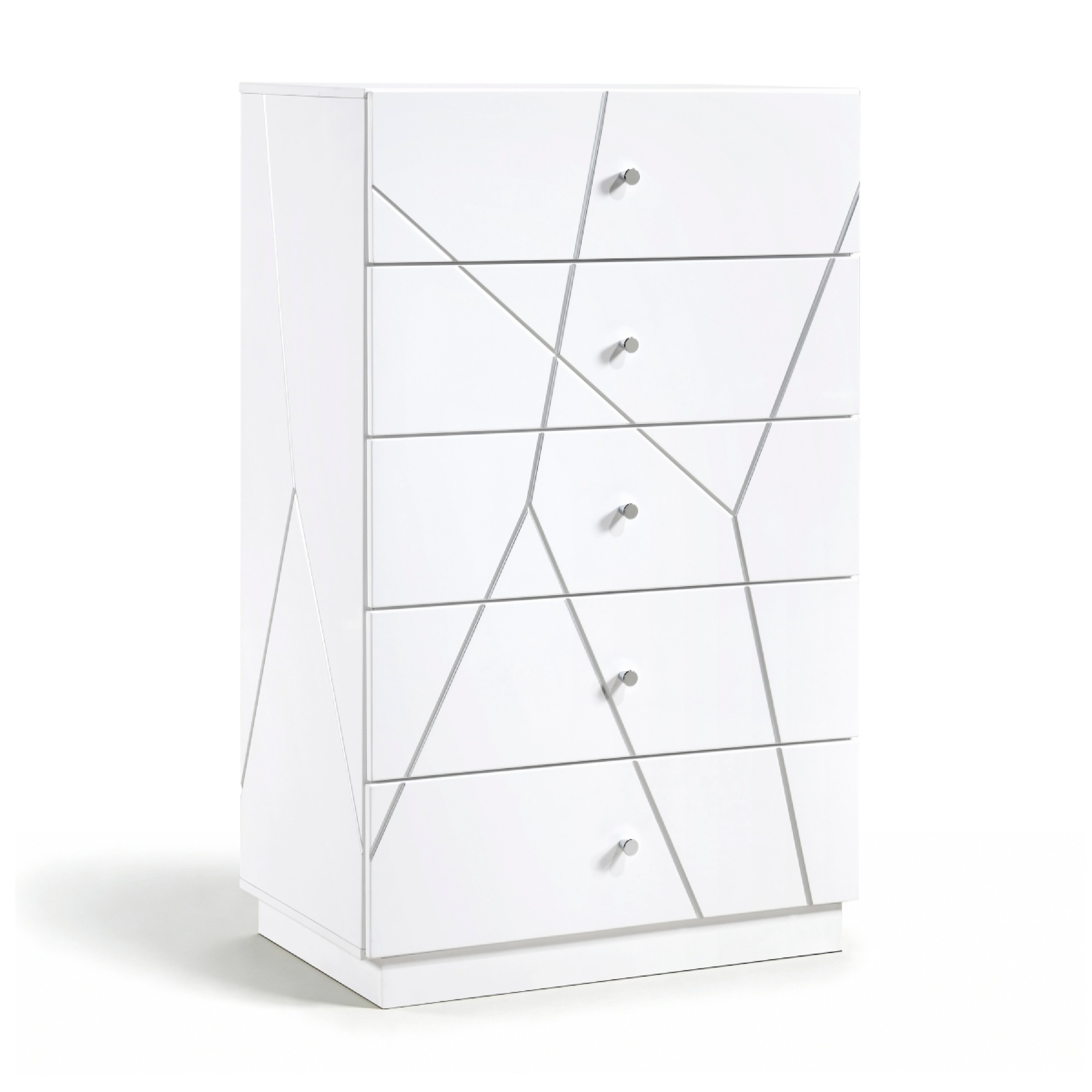 Benjara Oly Tall Dresser Chest, 5 Drawers, Glossy White Geometric Fronts