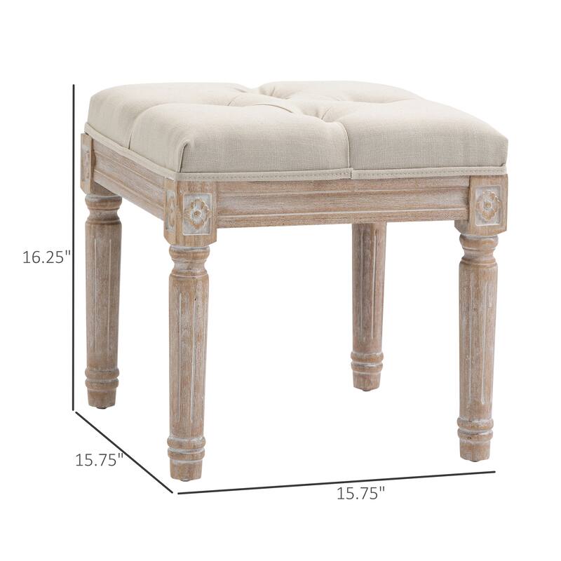 HOMCOM 15.75" Vintage Ottoman, Tufted Foot Stool with Upholstered Seat, Rustic Wood Legs for Bedroom, Living Room